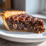 Close-up of a decadent slice of chocolate pecan pie showing the rich, gooey filling and flaky crust.