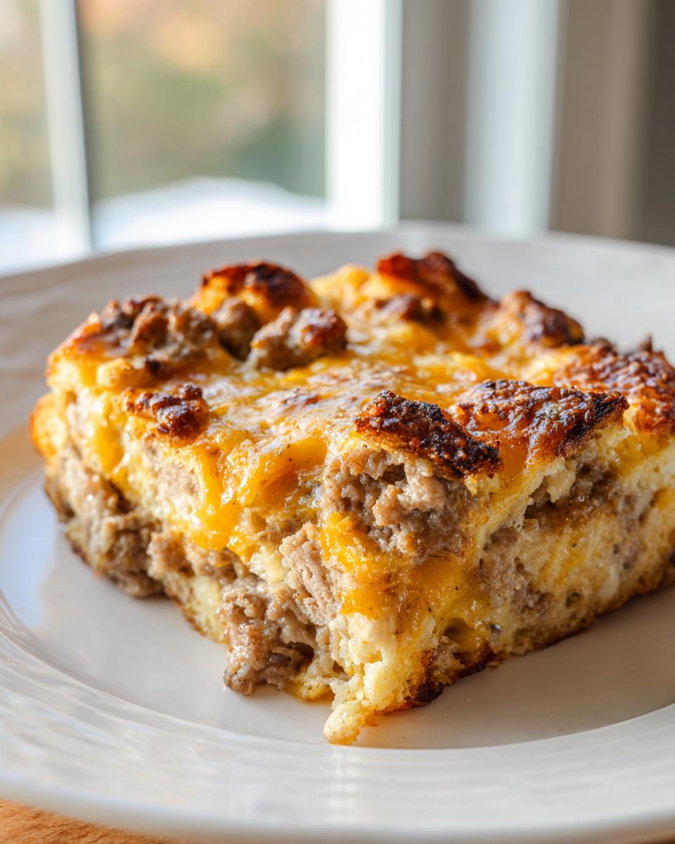 A square slice of savory Christmas breakfast casserole featuring sausage, eggs, and melted cheddar cheese on a white plate.