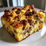 A golden-brown, square slice of savory christmas breakfast casserole featuring eggs, bread, and sausage on a white plate.