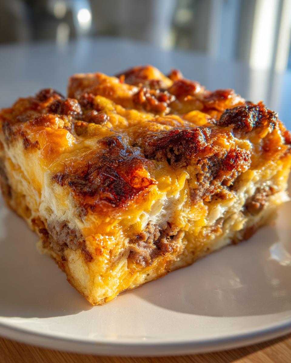 Close-up of a square slice of golden brown Christmas breakfast casserole with visible sausage and cheese layers.