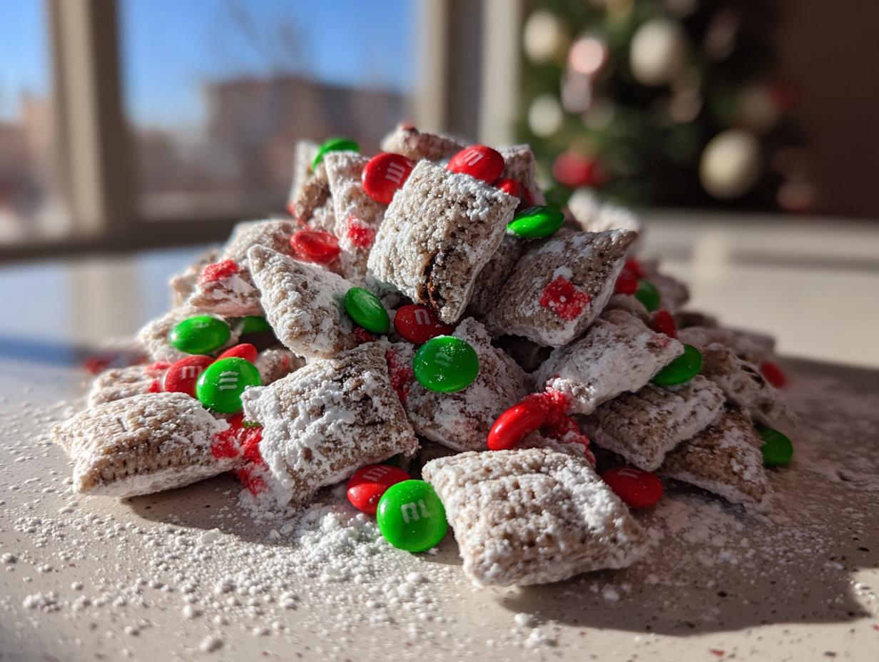 A mound of powdered sugar-coated christmas puppy chow mixed with red and green M&Ms, set near a window with a blurred Christmas tree.