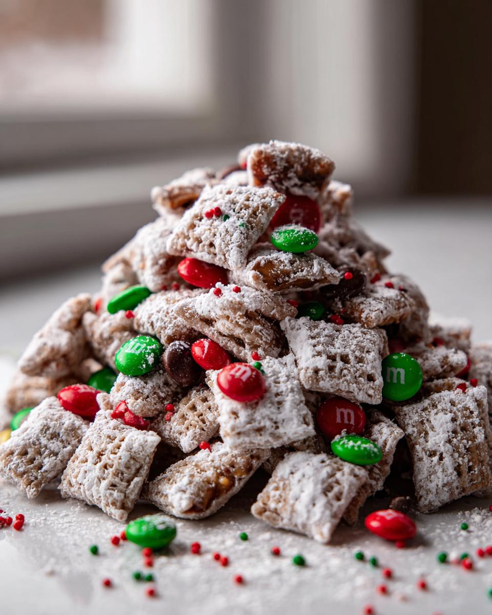 A close-up pile of Christmas puppy chow coated in powdered sugar with red and green M&Ms.
