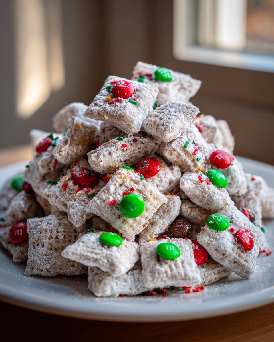 A tall pile of white powdered Christmas puppy chow decorated with red and green M&Ms.