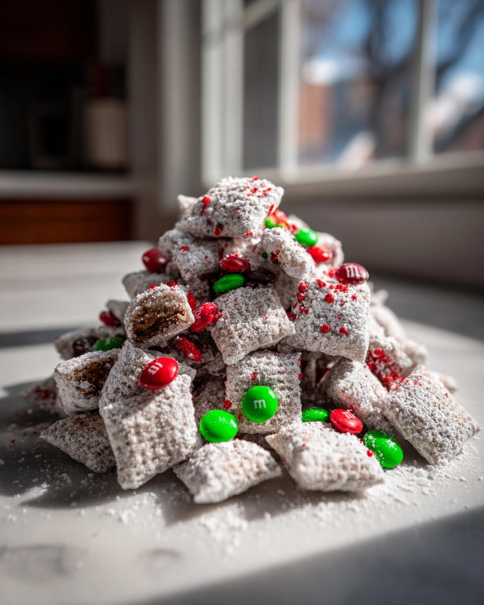 A mound of powdered sugar-coated christmas puppy chow mixed with red and green M&Ms.