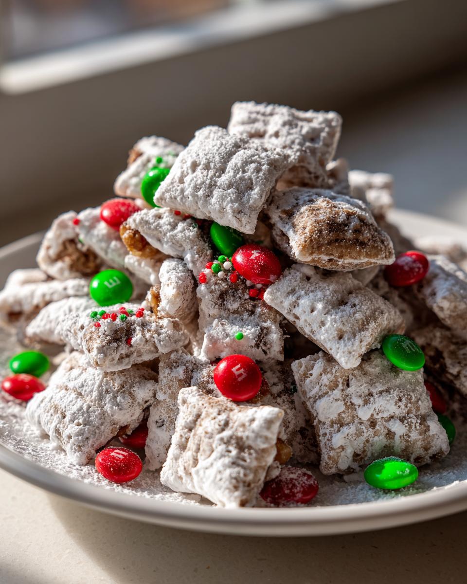 A close-up of a mound of powdered sugar-coated christmas puppy chow mixed with red and green M&Ms.