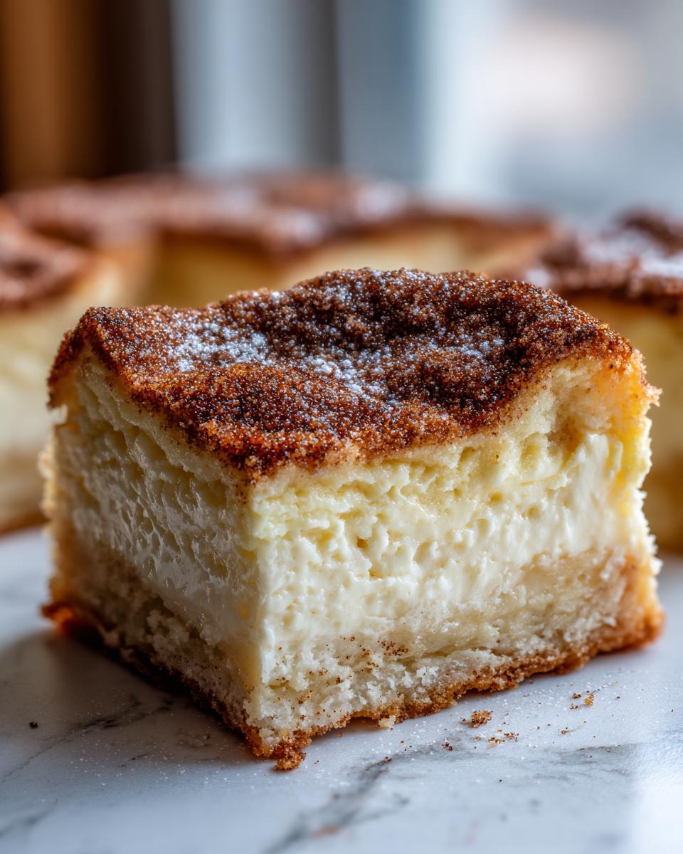 Close-up of a thick slice of churro cheesecake featuring a creamy filling and a thick cinnamon-sugar topping.