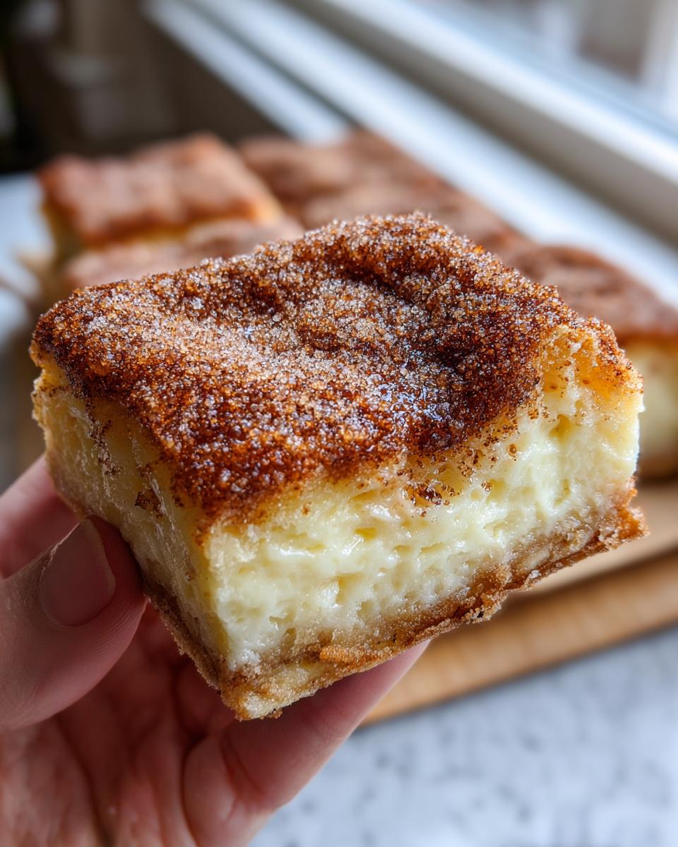 A hand holding a thick square slice of creamy churro cheesecake topped with cinnamon sugar.
