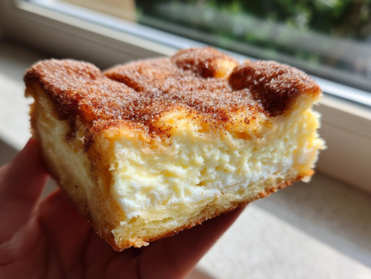 A hand holds a thick slice of creamy churro cheesecake topped with cinnamon sugar.