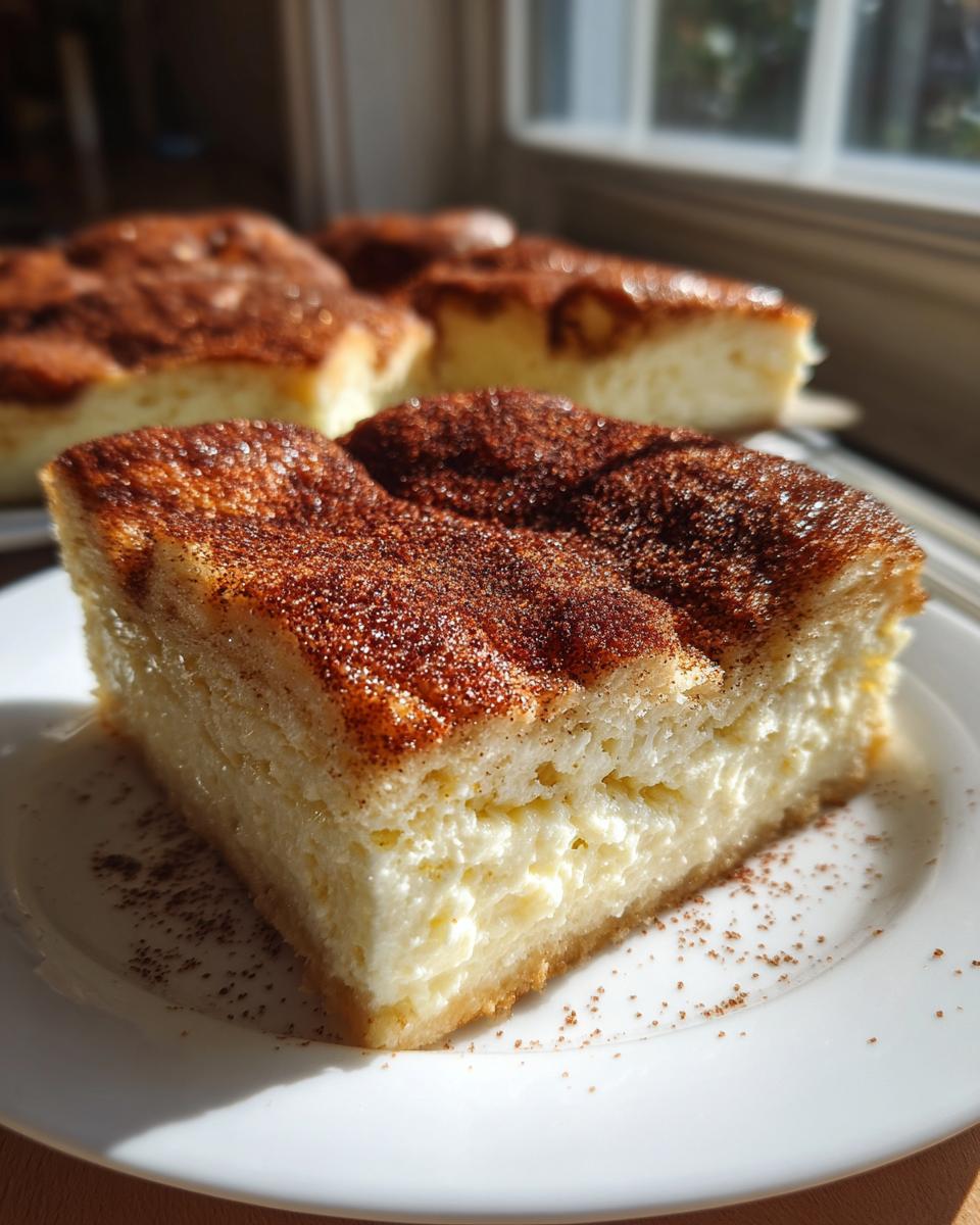 A close-up of a square slice of creamy churro cheesecake topped generously with cinnamon sugar.
