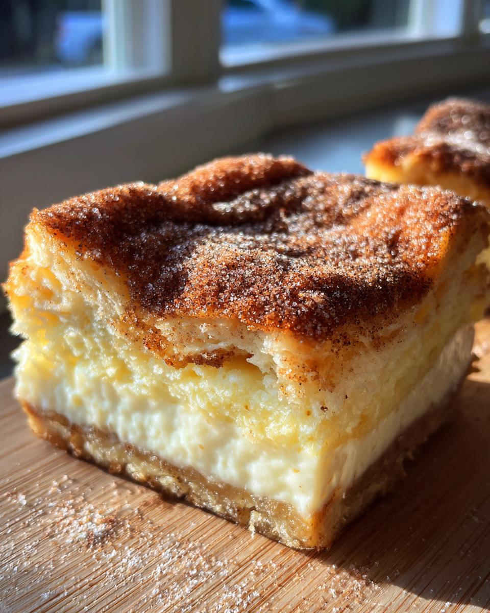 A square slice of creamy churro cheesecake with a thick cinnamon sugar topping, sitting on a wooden board.