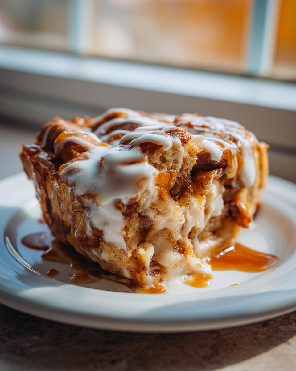 A close-up of a serving of cinnamon roll apple pie topped with white icing and caramel sauce.