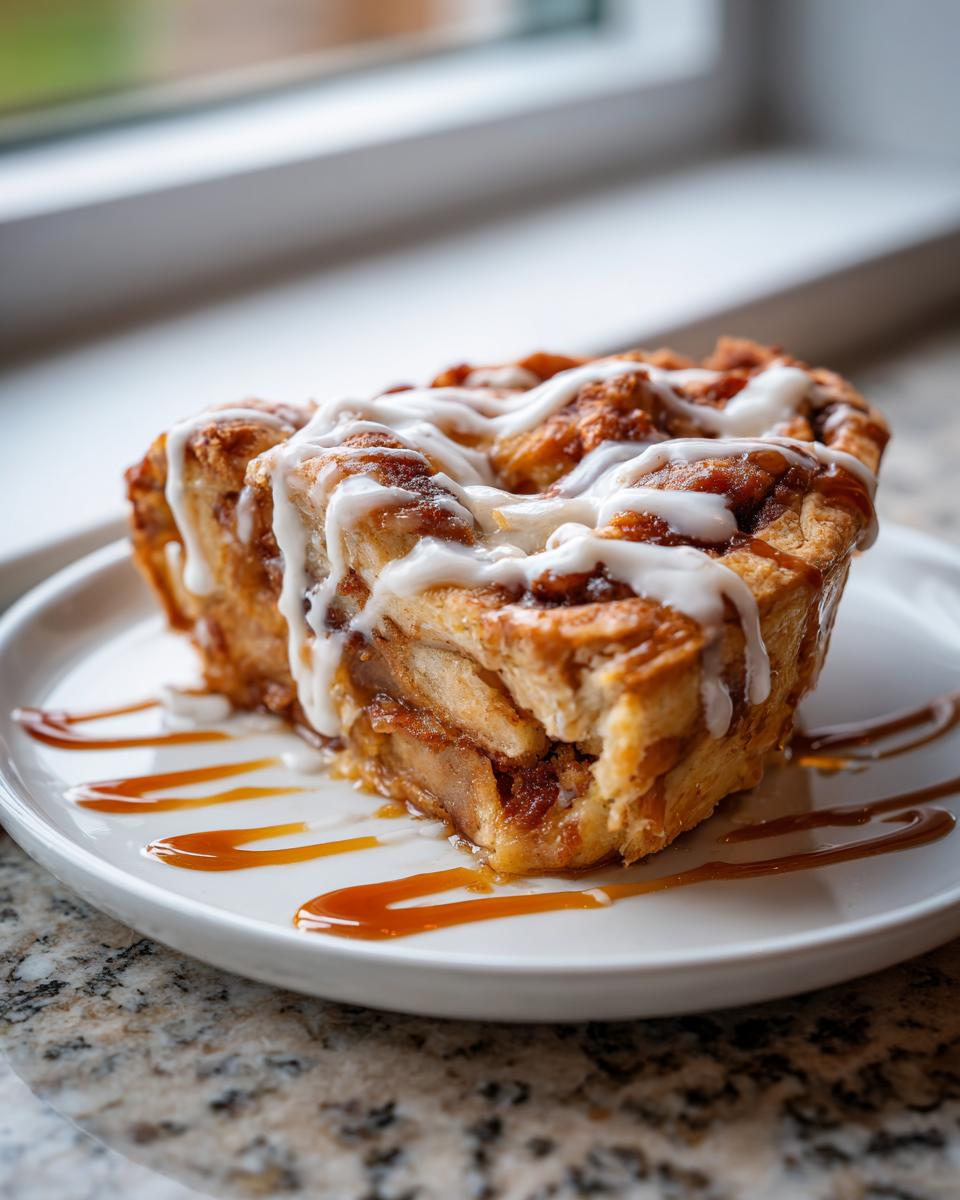 A close-up of a single serving slice of cinnamon roll apple pie topped with white icing and caramel drizzle.