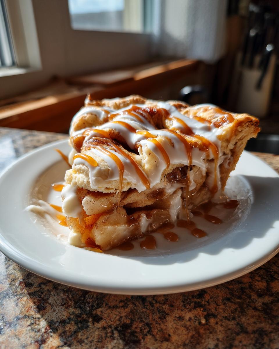 A decadent slice of cinnamon roll apple pie topped with white icing and drizzled with caramel sauce.