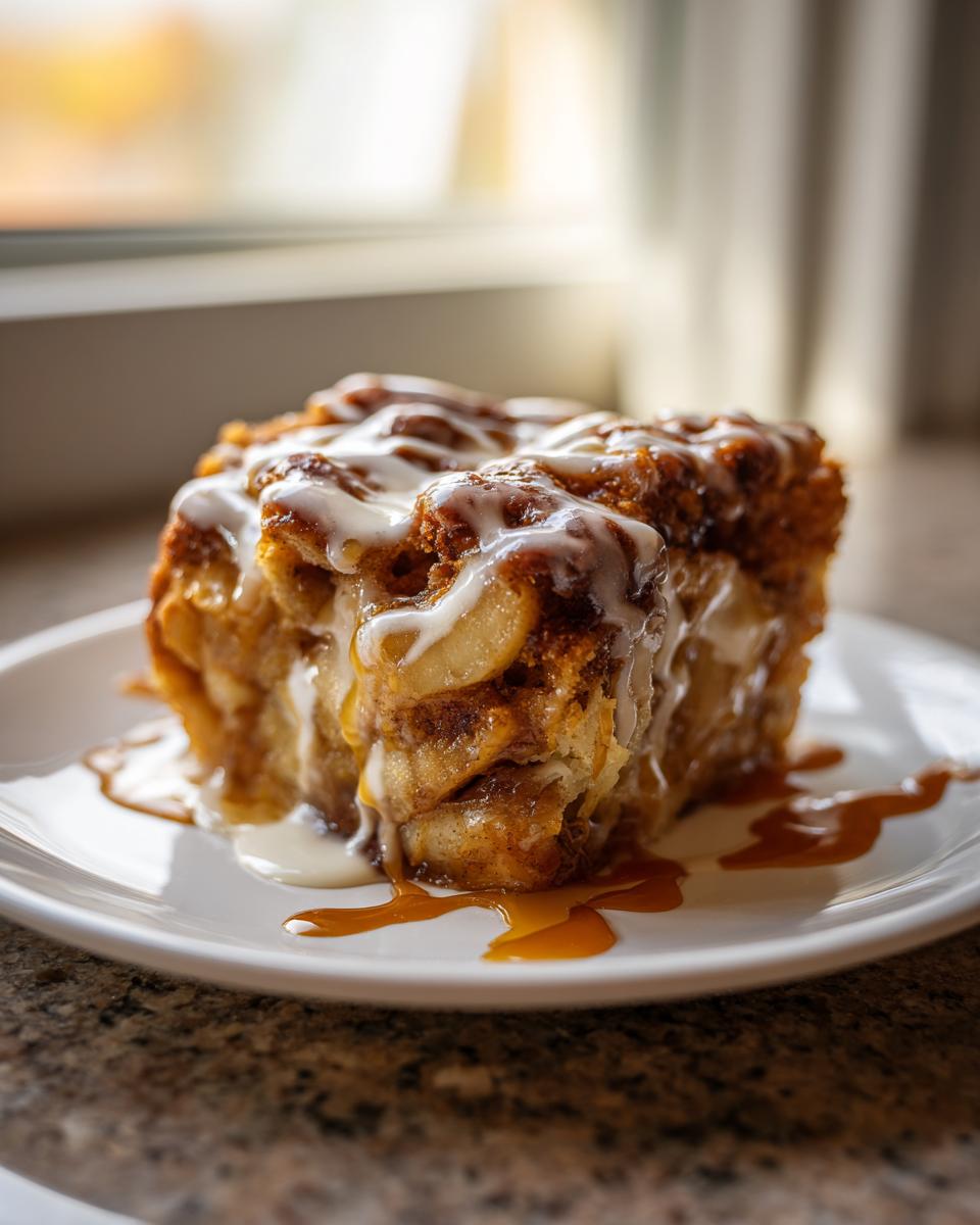 A decadent square slice of cinnamon roll apple pie topped with white icing and caramel sauce.