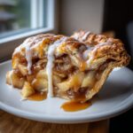 A close-up of a thick slice of cinnamon roll apple pie, loaded with apples and drizzled with white icing.
