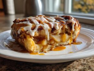 A close-up of a single serving of cinnamon roll apple pie, drizzled with white icing and caramel sauce.