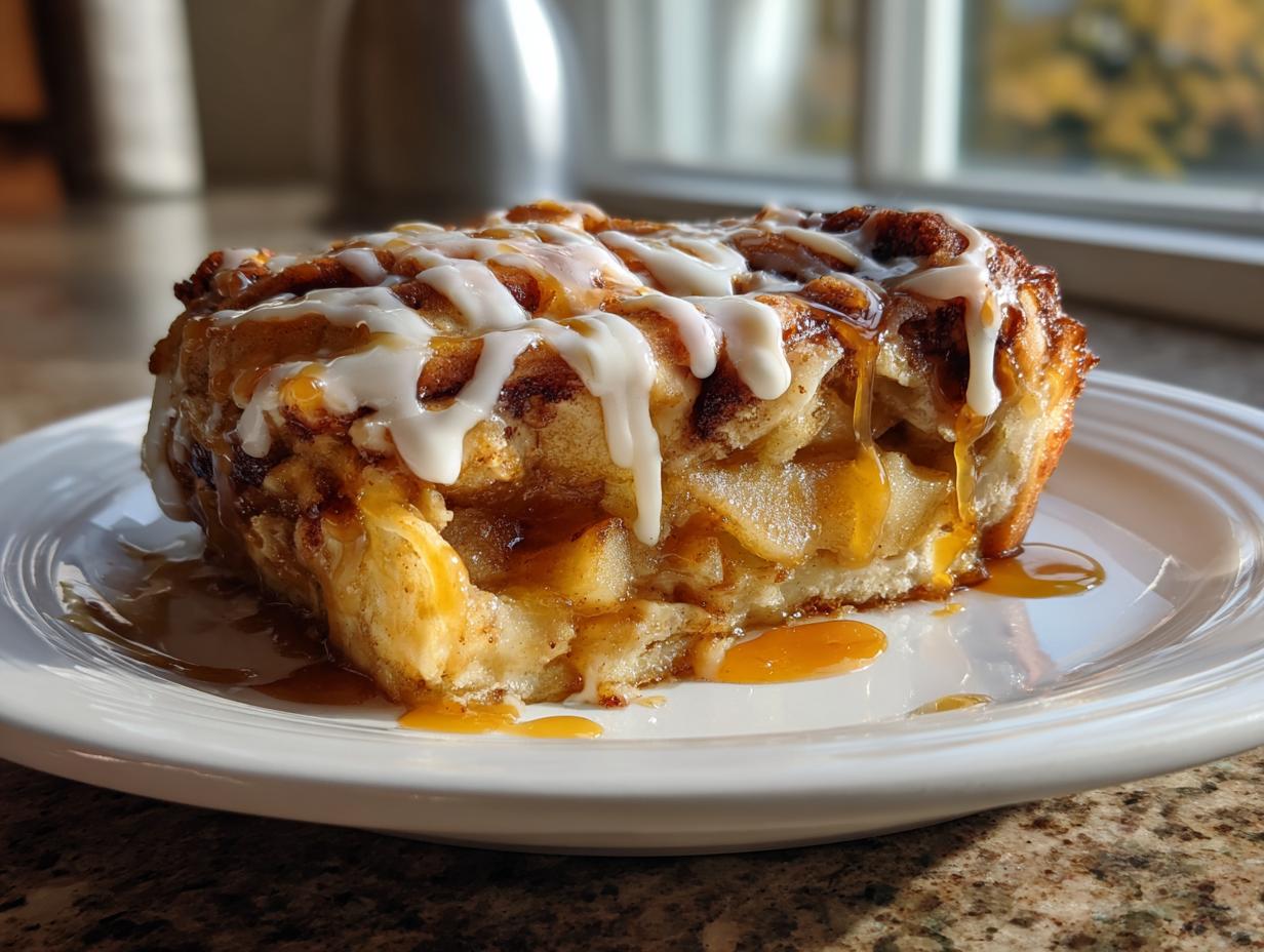 A close-up of a single serving of cinnamon roll apple pie, drizzled with white icing and caramel sauce.