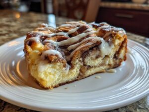 A close-up of a rich slice of cinnamon roll cheesecake topped with white icing.