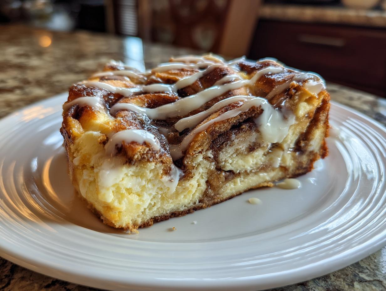 A close-up of a rich slice of cinnamon roll cheesecake topped with white icing.
