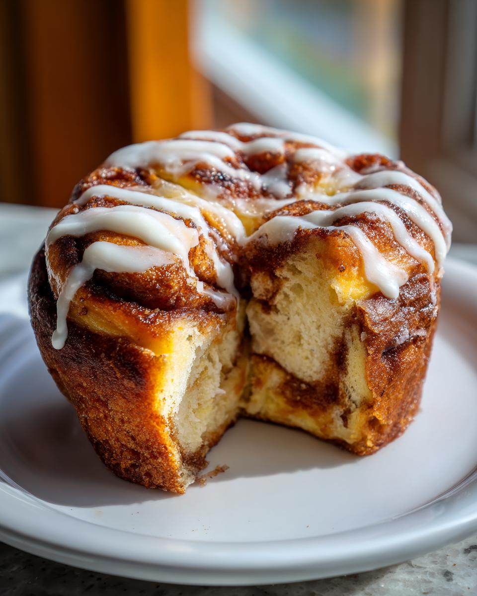 A cross-section view of a rich, glazed cinnamon roll cheesecake slice showing soft interior and thick icing.