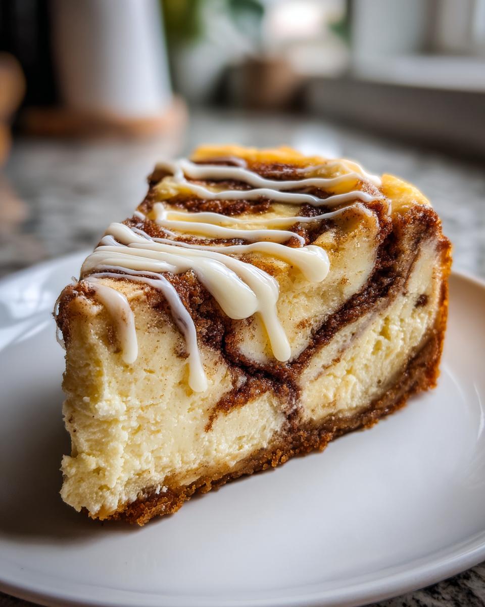 A close-up of a rich slice of cinnamon roll cheesecake featuring a creamy texture and white icing drizzle.