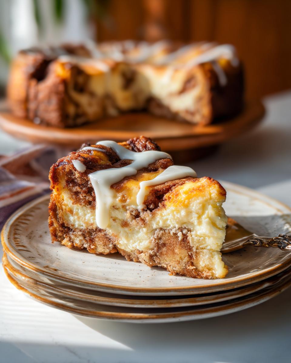 A decadent slice of cinnamon roll cheesecake topped with white icing, served on stacked plates.