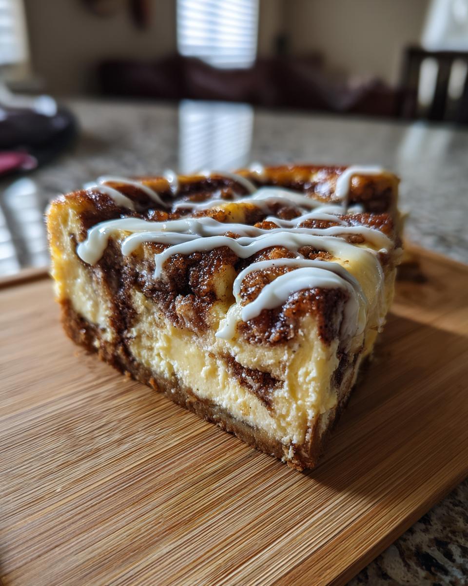 A close-up shot of a rich slice of cinnamon roll cheesecake topped with white icing drizzle.