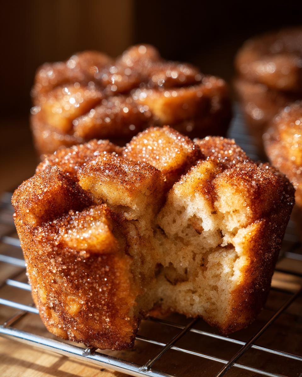 A close-up of a cinnamon sugar french toast muffins with a bite taken out, showing the soft interior.