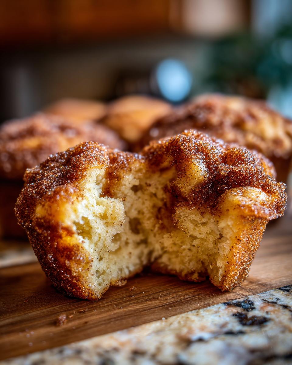 A close-up of a cinnamon sugar french toast muffin broken in half, showing the soft interior and sugary crust.