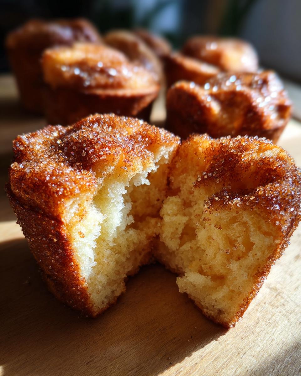A cinnamon sugar french toast muffin broken in half showing its soft, fluffy interior and sugary topping.