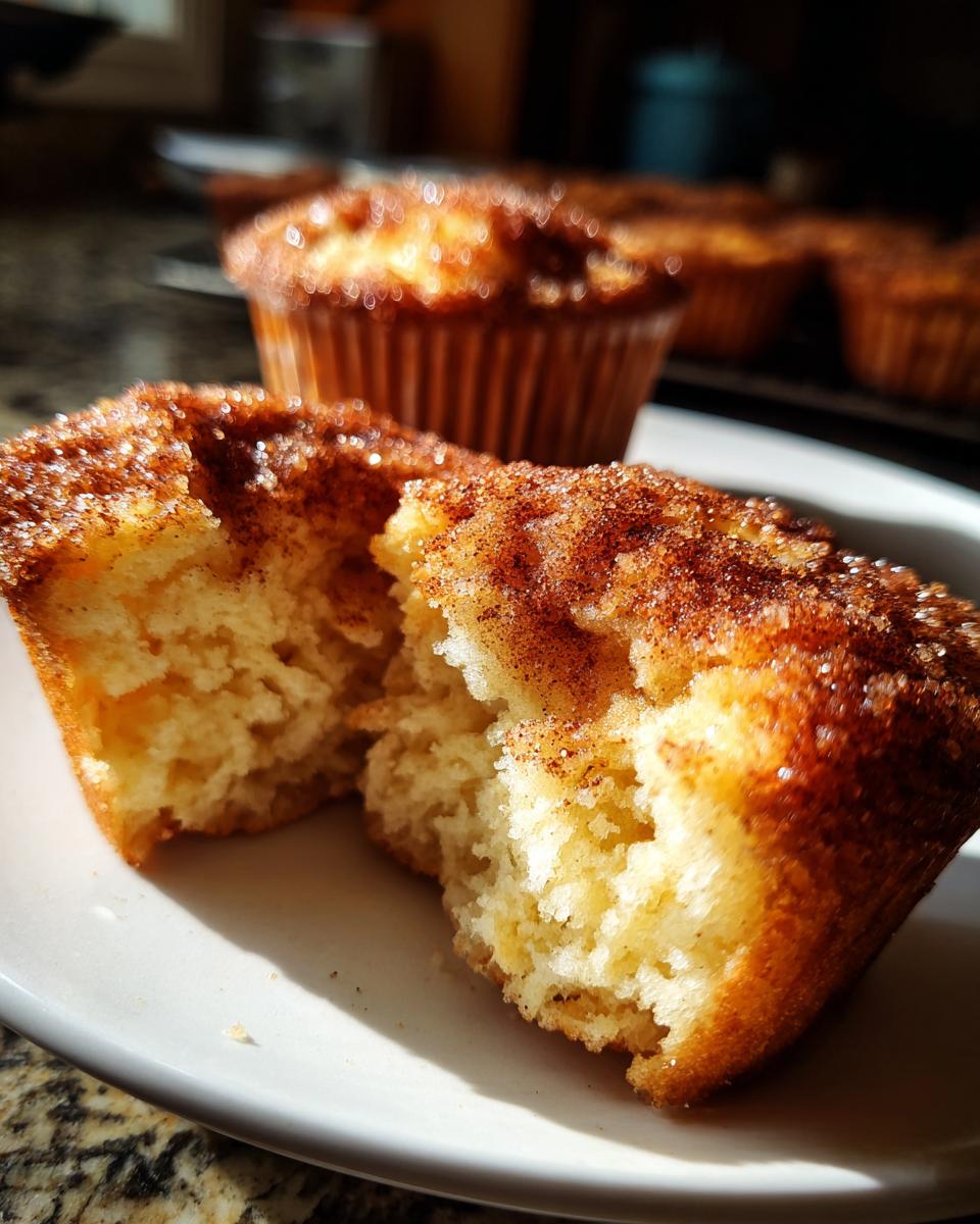 Close-up of a cinnamon sugar french toast muffin broken in half, showing the fluffy interior and sugary topping.