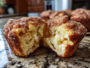 Close-up of a cinnamon sugar french toast muffin cut in half showing the soft, moist interior and sugary topping.