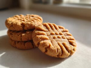 A close-up stack of four golden brown peanut butter cookies featuring the traditional crisscross fork pattern.