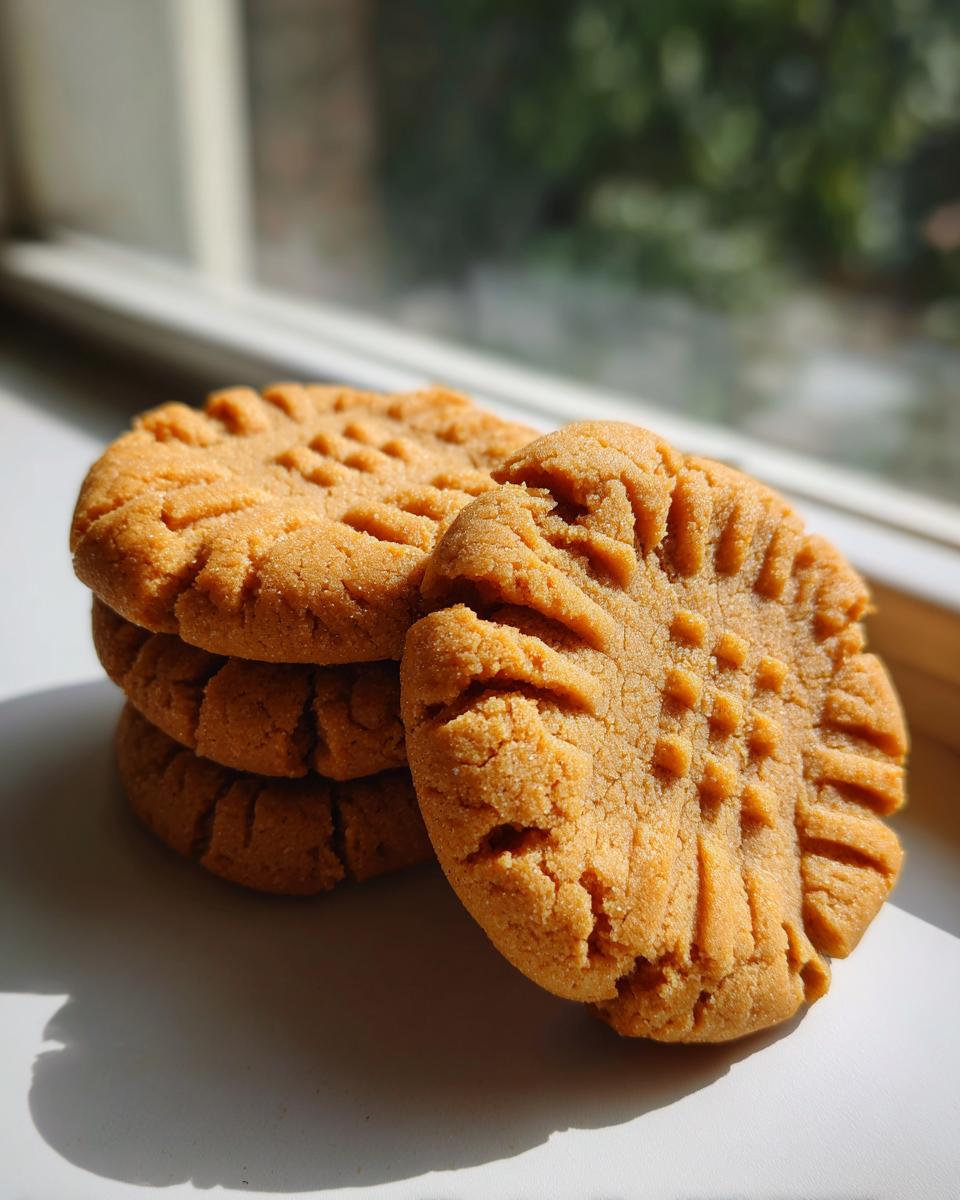 A stack of three classic peanut butter cookies with fork marks, with one leaning against the stack in bright sunlight.
