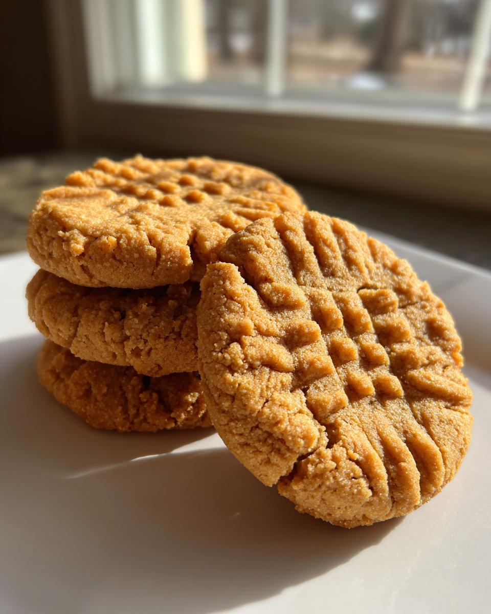 A close-up of a stack of four classic peanut butter cookies showing the signature crosshatch fork marks.