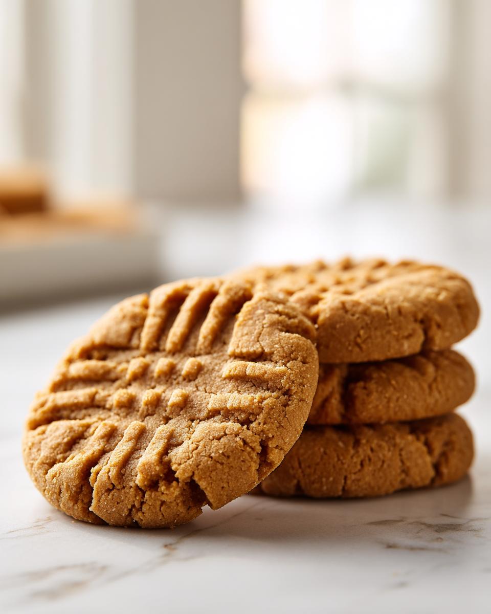 Close-up of a stack of three classic peanut butter cookies with fork crosshatch marks.