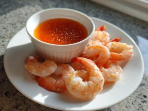 A white plate featuring several peeled, cooked shrimp arranged around a small white ramekin of orange shrimp cocktail sauce.