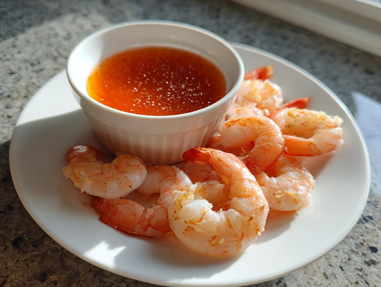 A white plate featuring several peeled, cooked shrimp arranged around a small white ramekin of orange shrimp cocktail sauce.