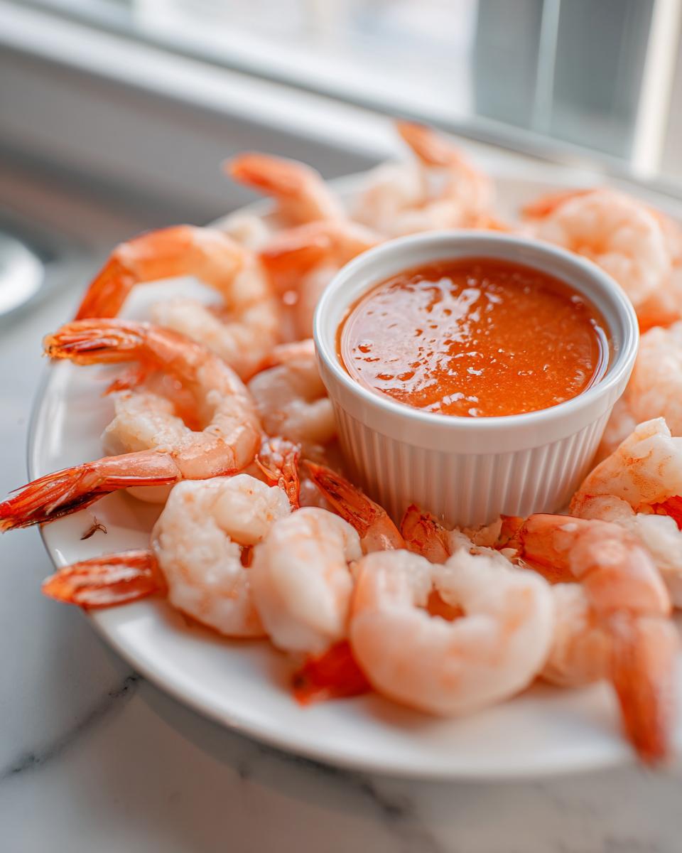 A white plate featuring peeled, cooked shrimp arranged around a small white ramekin of bright orange shrimp cocktail sauce.