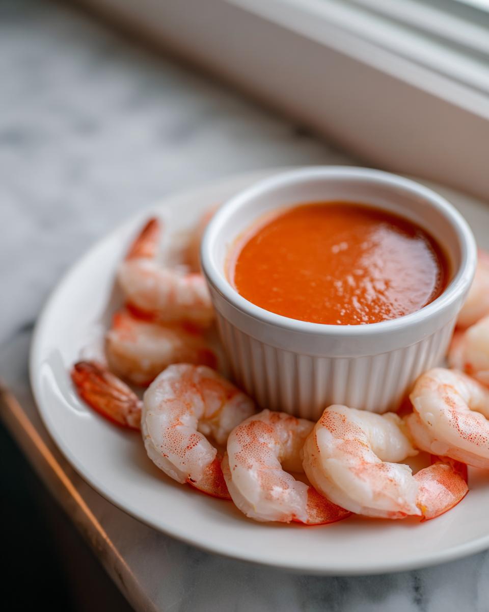 A white plate featuring peeled, cooked shrimp arranged around a small white ramekin of bright orange shrimp cocktail sauce.