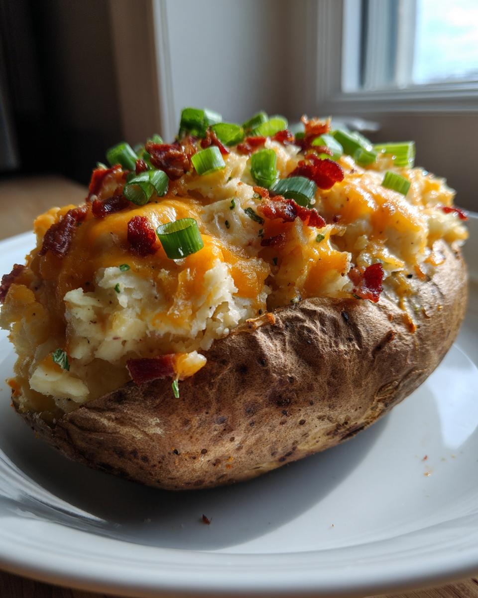 A close-up of a delicious twice baked potato stuffed with mashed potato, melted cheddar cheese, bacon bits, and green onions.