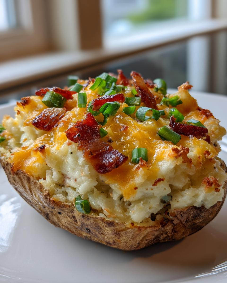 A close-up of a loaded twice baked potato topped with melted cheddar cheese, bacon bits, and fresh green onions.