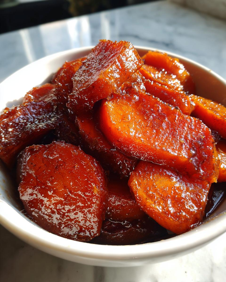 Close-up of thick, glossy slices of southern candied yams coated in a rich, dark brown syrup in a white bowl.