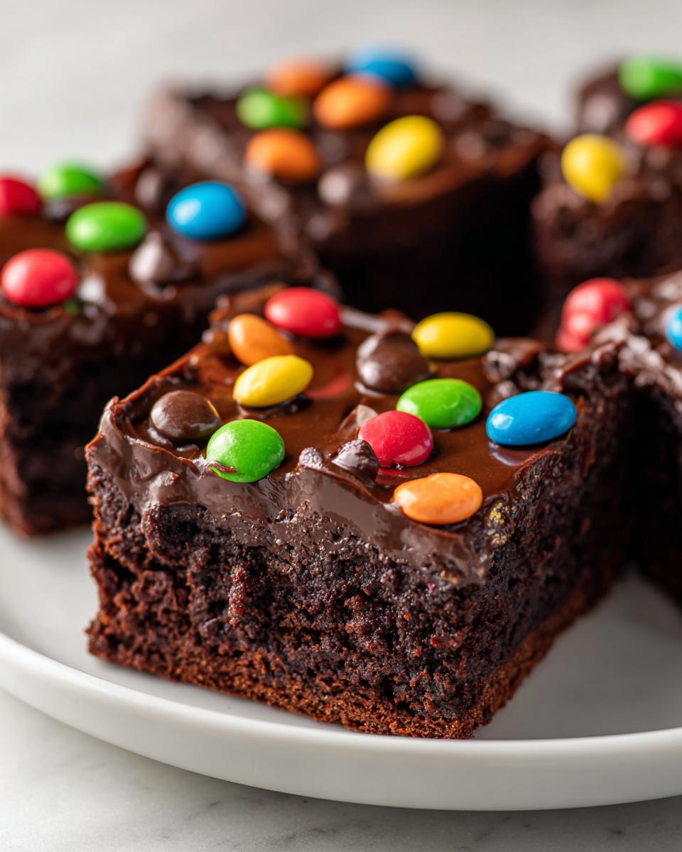 A close-up of a rich, fudgy cosmic brownie square topped with chocolate frosting and colorful candy-coated chocolates.