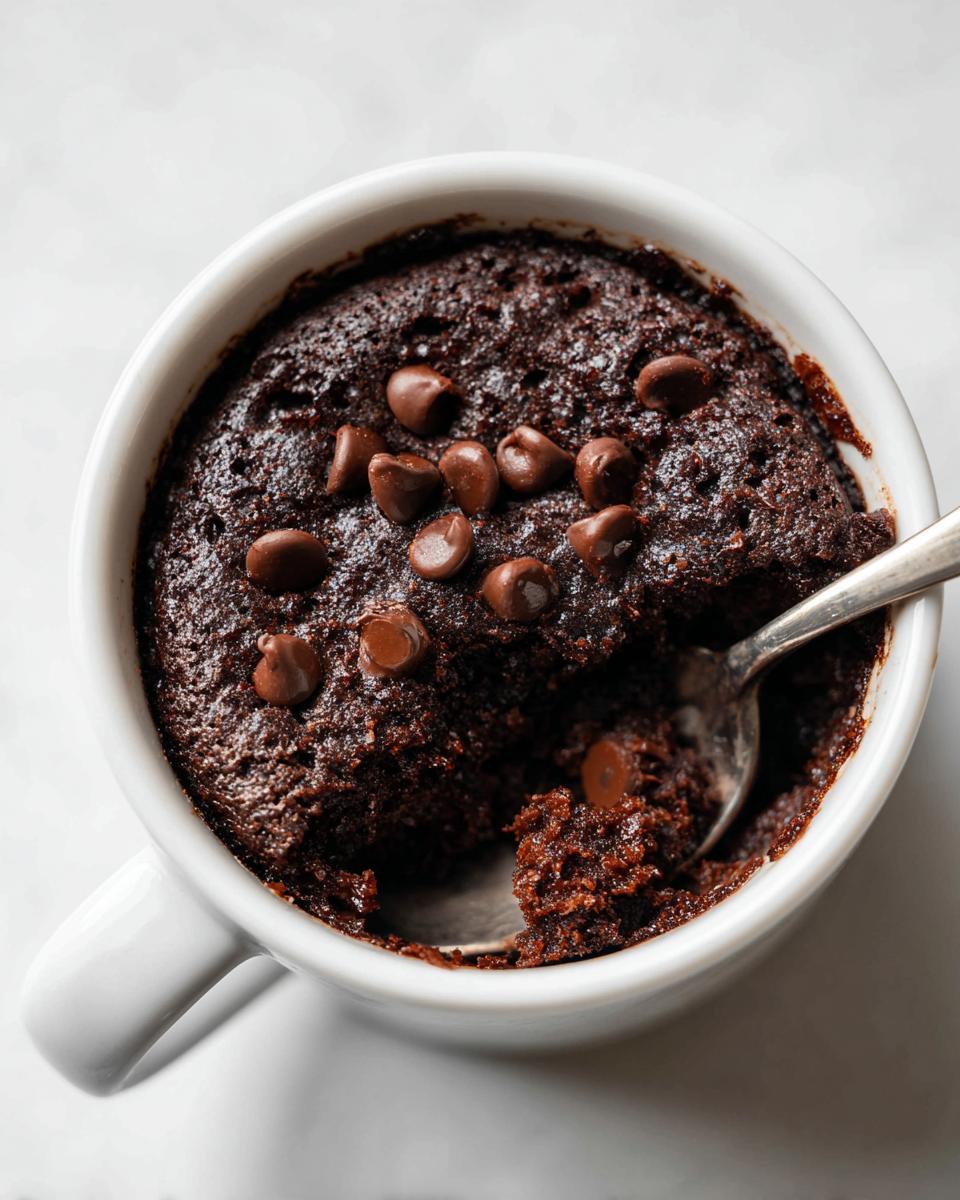 A spoonful being taken from a rich, dark chocolate Cottage Cheese Microwave Brownie topped with chocolate chips in a white mug.