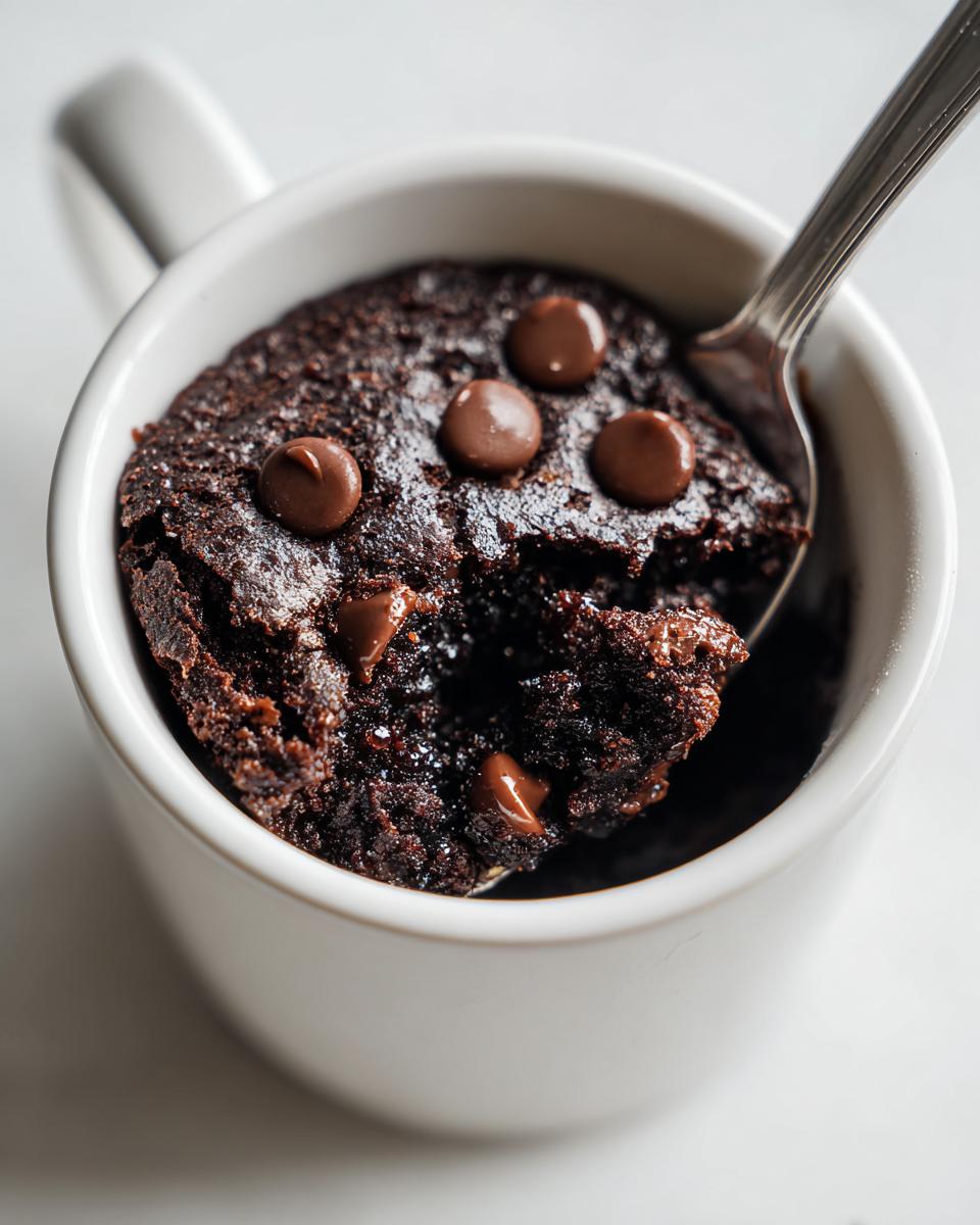 Close-up of a rich, dark Cottage Cheese Microwave Brownie in a white mug with a spoon taking a bite.