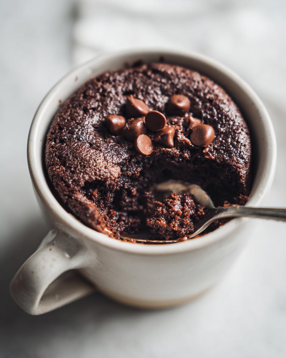Close-up of a rich, dark chocolate Cottage Cheese Microwave Brownie being scooped with a spoon inside a white mug.