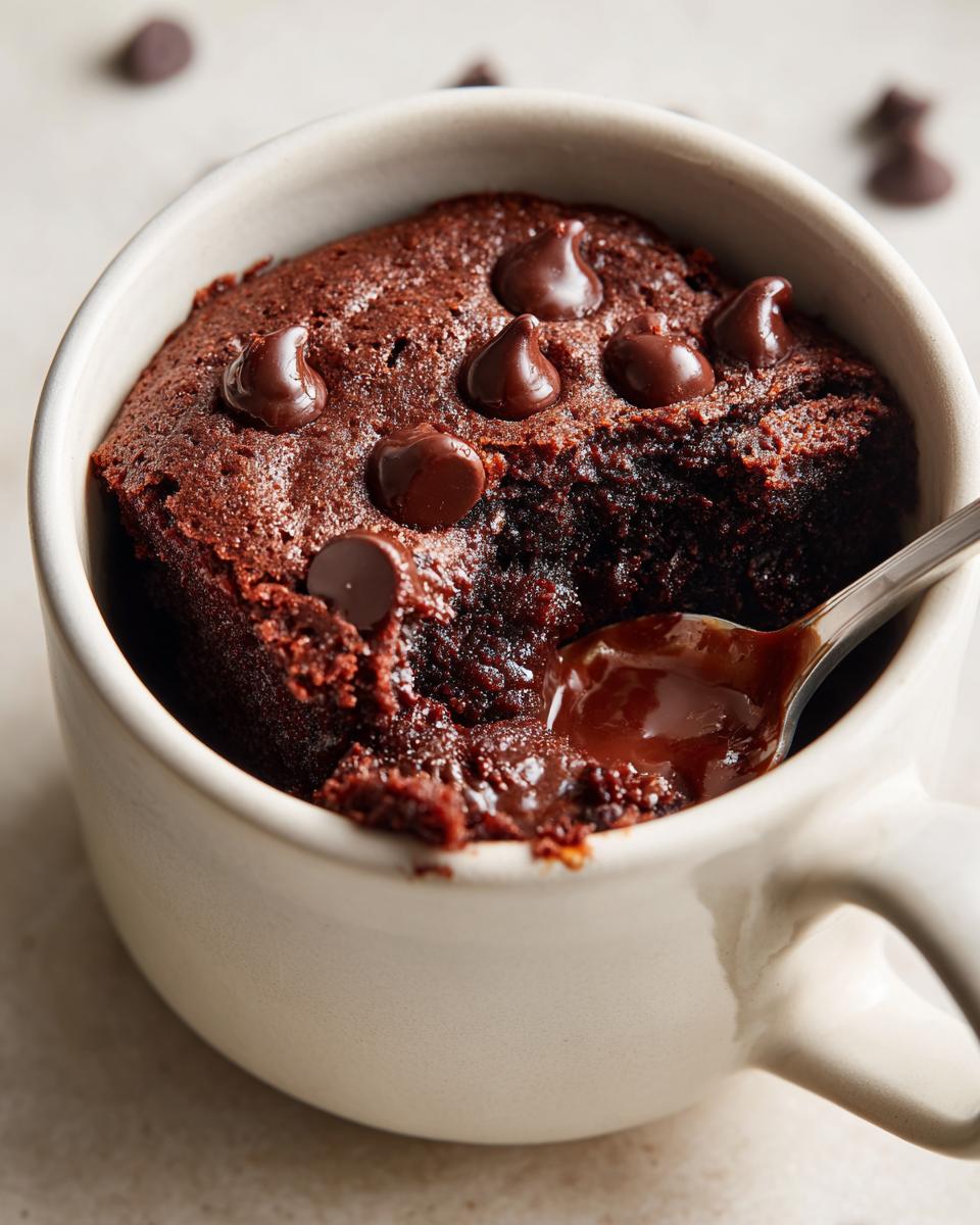 A close-up of a rich, dark Cottage Cheese Microwave Brownie being scooped with a spoon inside a white mug.