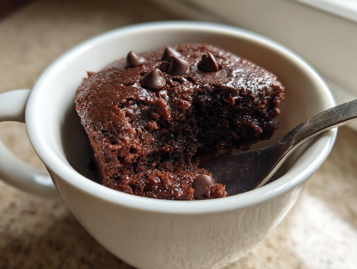 Close-up of a rich, dark chocolate Cottage Cheese Microwave Brownie in a white mug with chocolate chips.