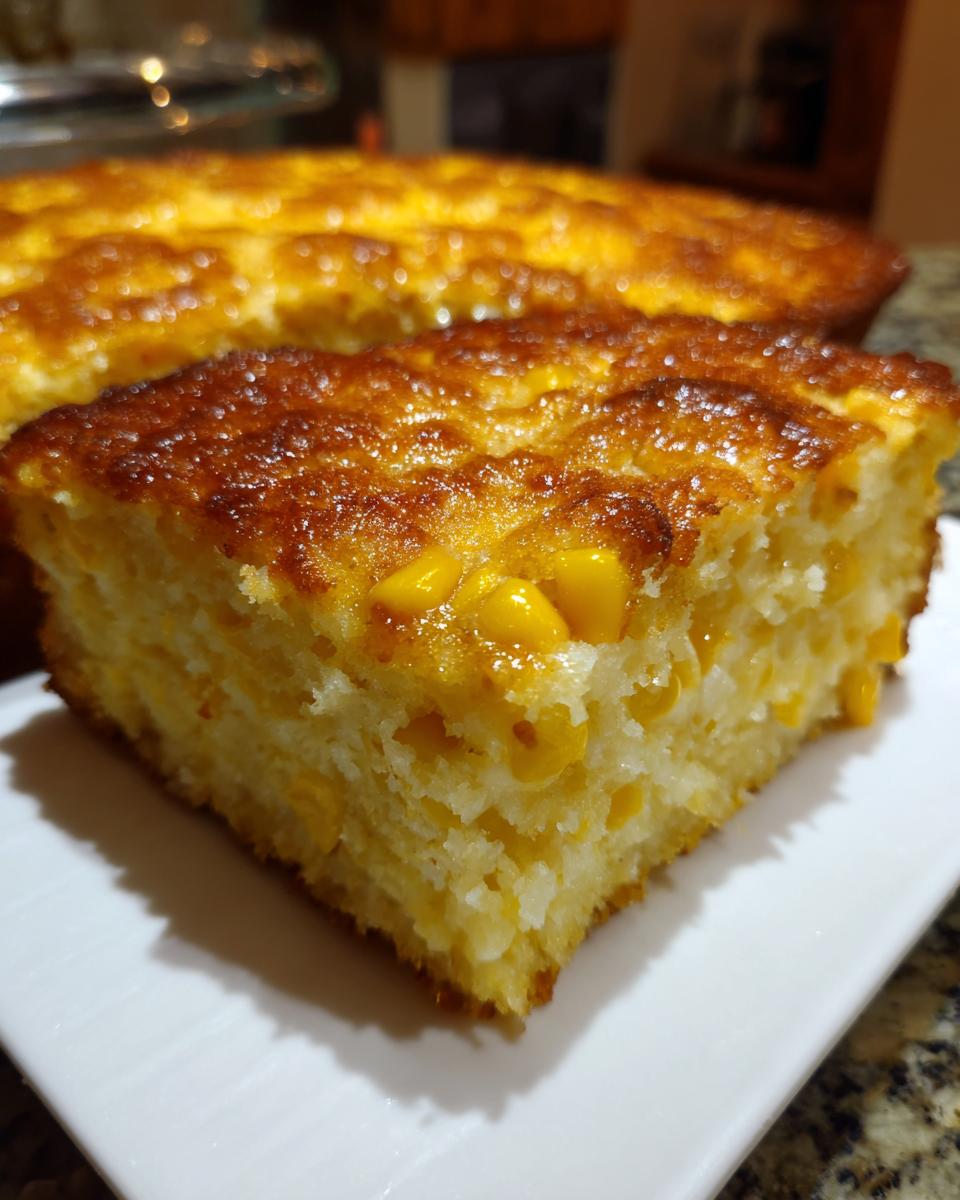 A close-up slice of golden brown cream cheese corn casserole showing visible corn kernels inside.